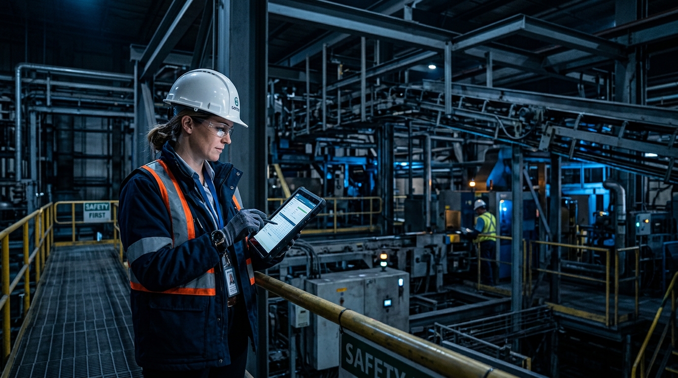 Consultora de seguridad industrial revisando documentaci&oacute;n en planta